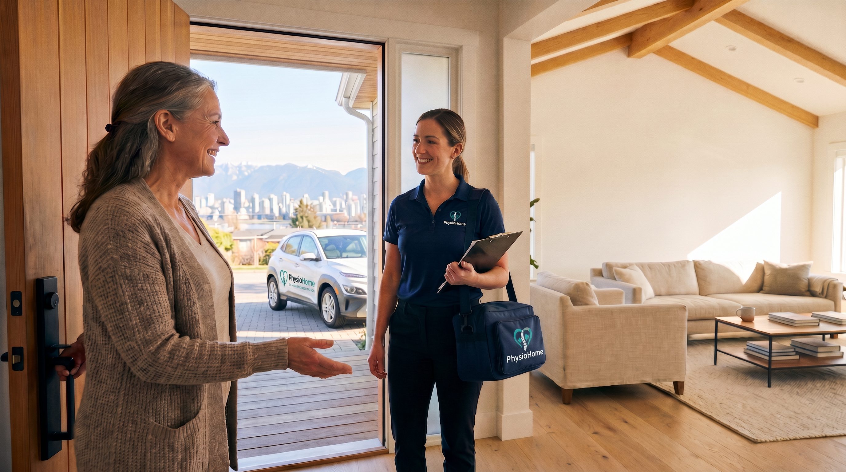 Mobile physiotherapist arriving at a patient's home in Vancouver for an in-home rehabilitation session